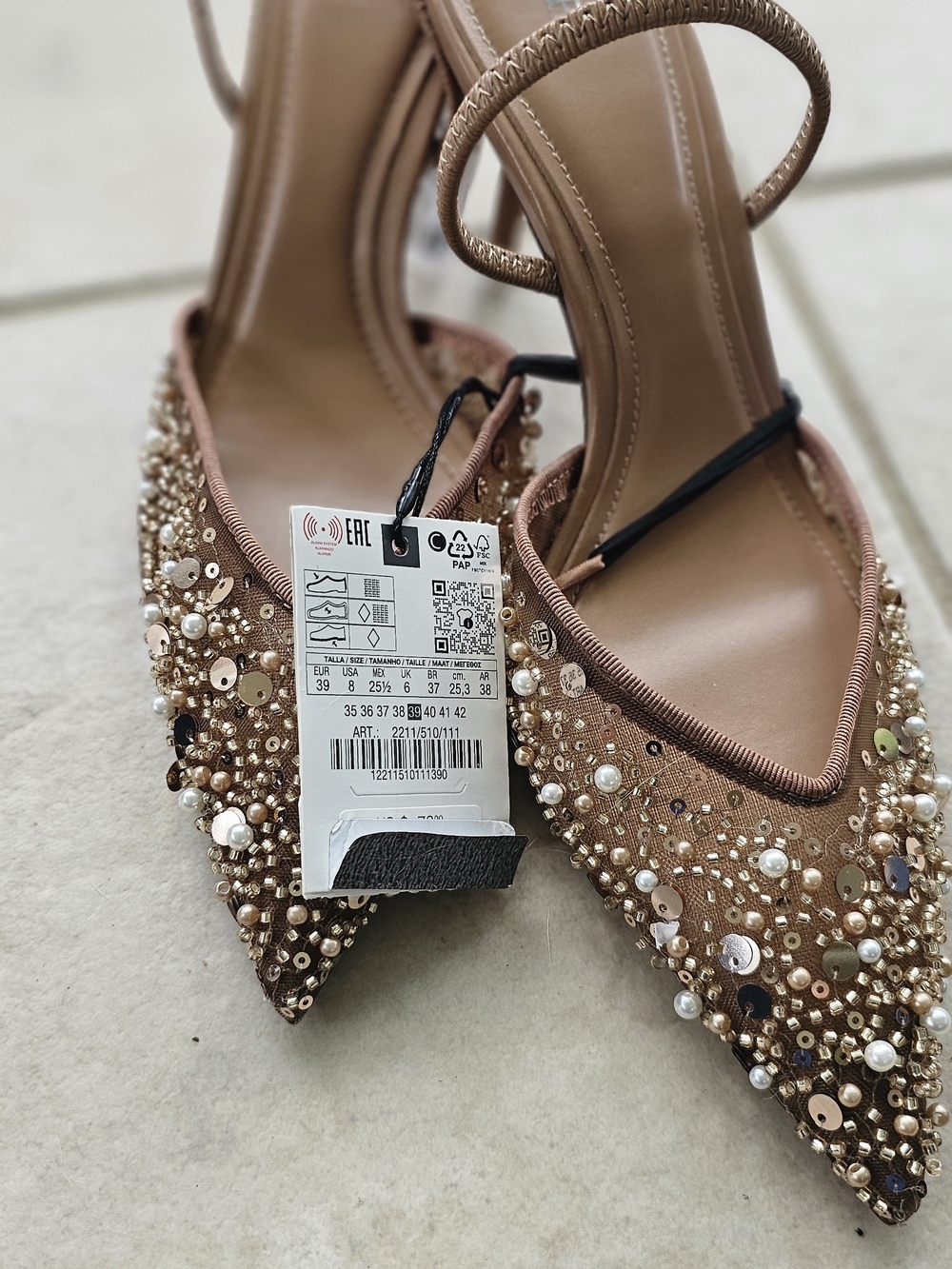 Zara Brown Embellished Pointed Slingback Heels